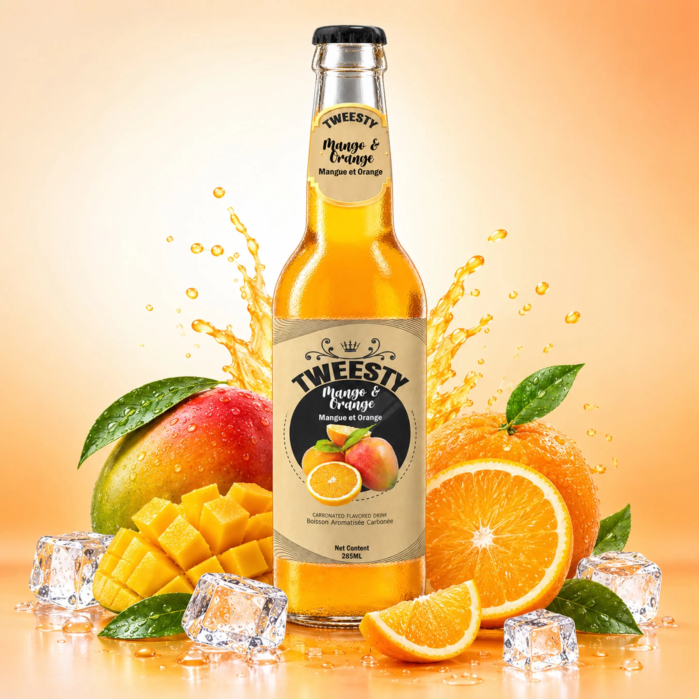 TWEESTY Mango Orange carbonated flavoured drink 285ml glass bottle with mango, orange and ice
